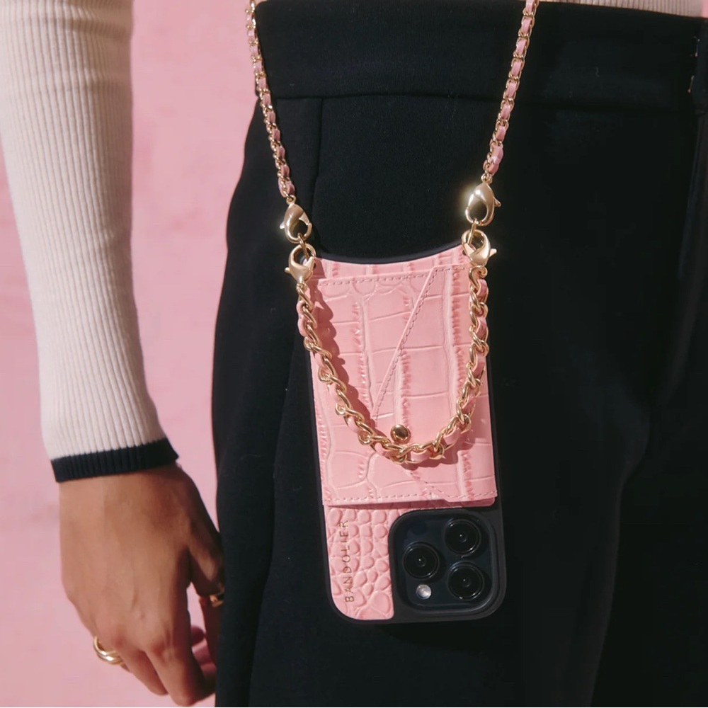Bandolier Pink Croc-Embossed Phone Case with Chain